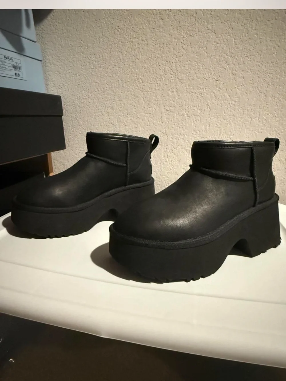 UGG Black Leather New Heights Platform Ankle Booties